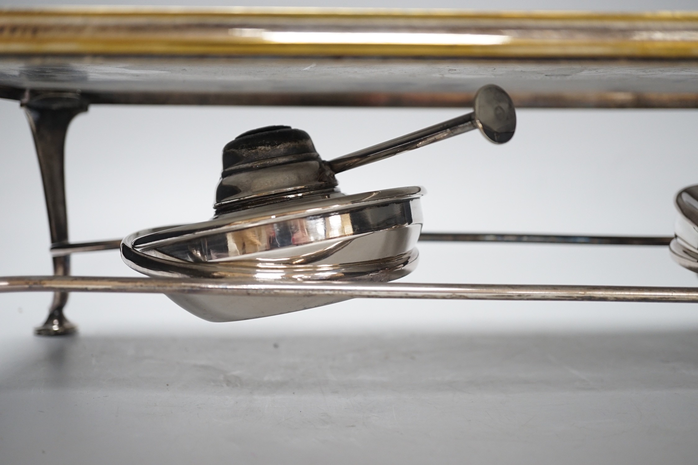 An Asprey spirit burner stand, serial number 19417, 47cm long